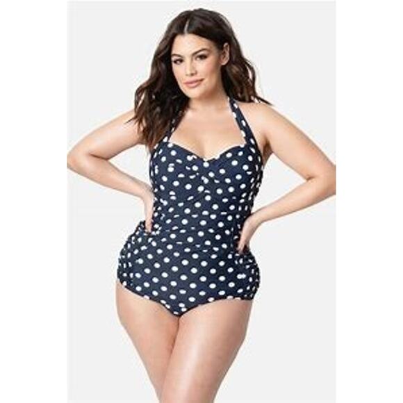 Unique Vintage Navy & White Polka Dot Corinne Halter Sheath Swimsuit 1X‎ NWT - Picture 1 of 13